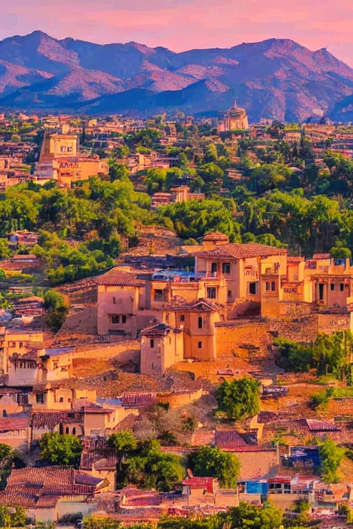 birds eye view of a lonely palace, year 1800AD, huge mountain on the background, canvas painting, dynamic lighting, sharp focus on the top of the temple