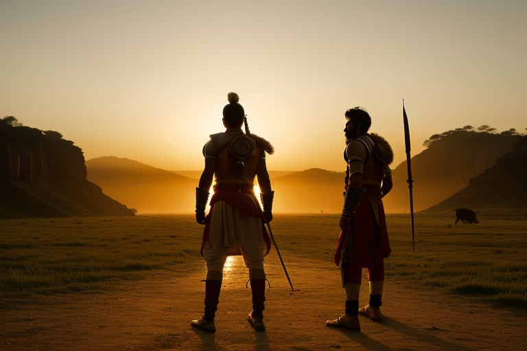 Ancient indian warriors, cinematic lighting, evening breeze, front view, long shot