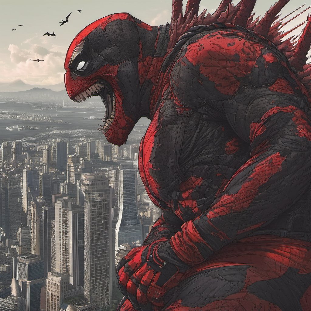 (perfect mix between deadpool and godzilla), with   black tentacles protruding from his entire body, destroying city