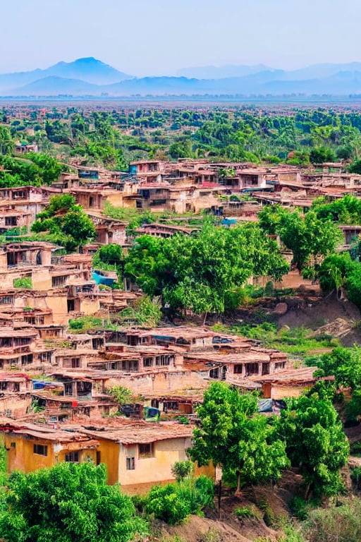 birds eye view of an ancient tamil village, year 1800AD, huge mountain on the background, canvas painting, dynamic lighting, view from above the palace