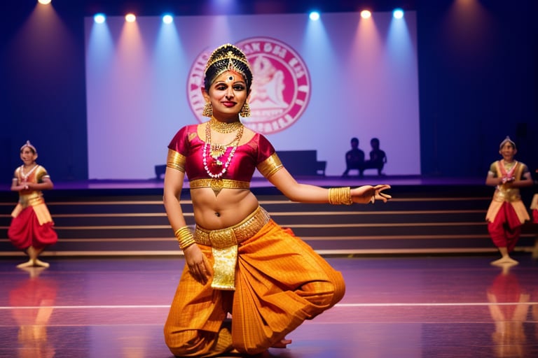 bharathanatyam dancers in traditional attire, front view, long shot