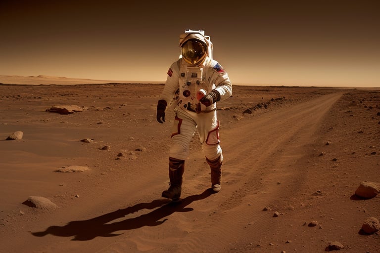 ancient space warrior, orange space suit, running on mars