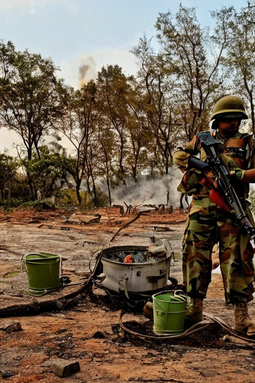 indian soldier, battlefield, burning watertank in background, vintage look, sharp focus, view from ground level