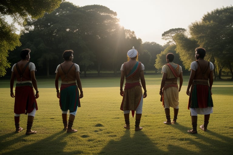 Ancient indian warriors, natural lighting, evening breeze, front view, long shot