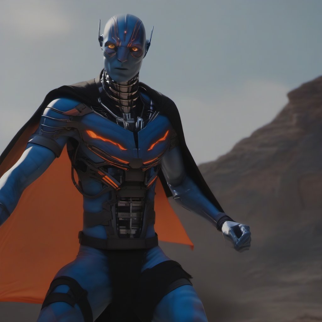 portrait photography shot of omaticaya man as ultron, orange eyes, high detailed, hdr, hq, 4k , blue skin, black cape, black mask, long shot, full view, style: bright cinematic lighting