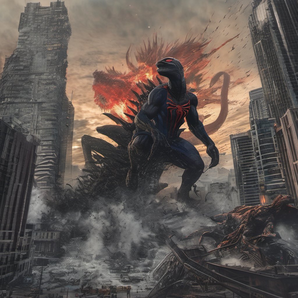 (perfect mix between spiderman and godzilla), with   black tentacles protruding from his entire body, destroying city