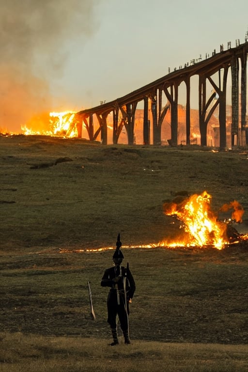 silhoutte of a ancient indian soldier, battlefield, burning bridge in background, vintage look, sharp focus