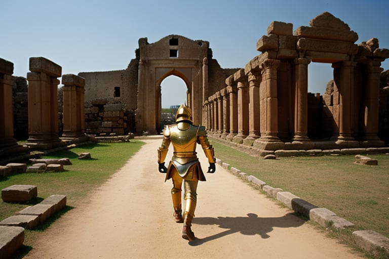 ancient Indian warrior,golden armor, chasing an alien, temple ruins in background