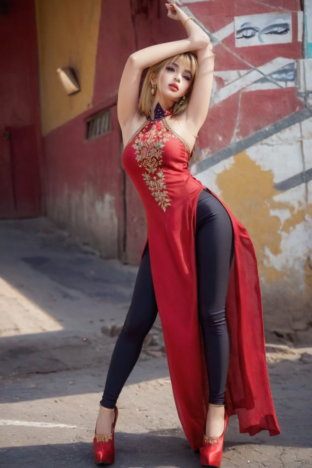 ((photo of 20 year old beautiful girl)), 
(Girl on street road), 
((Full body shot:1.5)), (full body in picture), (full body photo Close-up photo of the shin), (Indian babe), (attention standing posture, separate legs), (looking at viewers, front view shot),
best quality, illustration at Very detailed, ultra high resolution, depth of field, masterpiece, hyper realistic, hyper detailed, photorealists, 8K, HDR, High resolution, (1girl), complicated details, extremely detailed, candid picture, candid shots, extreme detailed, highest detailed, (iconic picture shot, perfect brightness, perfect contrast), 
(hair is one eye, purple eyes, Golden blonde hair, side bangs, sharp eyeliner, blush eyeshadow with thick eyelashes, lip gloss  very delicate and beautiful, round chin, round earrings, sharp eyes, letter choker, symmetrical eyes), ,
(pretty face, iconic face), (detailed face, detailed eye, detailed lips, detailed neck, ultra realistic face, ultra realistic eye, ultra realistic lips), (attractive hair style, detailed hair style), (attractive body figure, perfect body figure, perfect figure, curvy_figure, straight body figure, wide body posture), skin_tight,
(beautiful High heels),  
(beautiful girl in Indian outfits), , 
((fancy red kurta, red embroidery kurta, realistic kurta, beautiful kurta, masterpiece kurta, flared kurta, fancy skinny sleeves of kurta), (fancy leggings, beautiful leggings)), ,