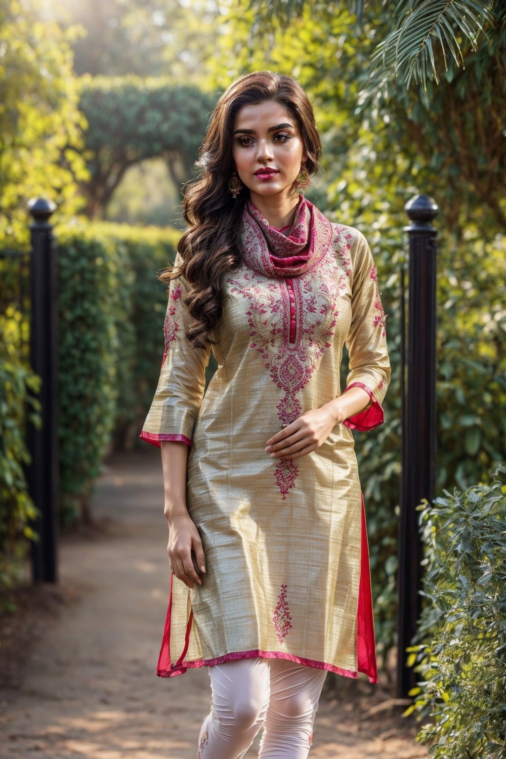 (full body shot:1.5), (Masterpiece:1.2), (neck scarf), (beautiful girl in Indian outfits), (she is in garden), 1girl, solo girl, 20 year old woman, ultra realistic face, hyperrealistic, hyperdetailed, (looking at viewers), sharpen, detailed face, detailed eyes, detailed lips, red lips, beautiful face, 16k, FHD, raw photo, pretty face mesh, beautiful hair style, intricate, extremely detailed, (attractive perky breast, perky , perky breasts, perfect rounded breasts), ultra realistic texture, smooth skin, realistic face, glow lip, glow face, very_high_resolution, natural lighting, natural brightness, perfect figure, fit body, (fancy high heel), ponytail hair style, hair ornaments, (attractive body figure), ((attractive embroidery straight kurta, skinny sleeves, knee length kurta, fancy kurta, gorgeous clothes, flared kurta, leggings)).