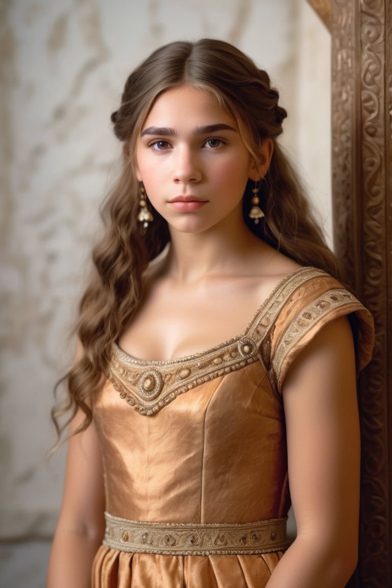  A beautiful (neanderthal) girl wearing a gorgeous dress, standing in the corner looking at the camera, 19th century American banquet style, portrait style,Looking at the camera,ulta realistic, detailed, clear focus, deep focus, mouth closed