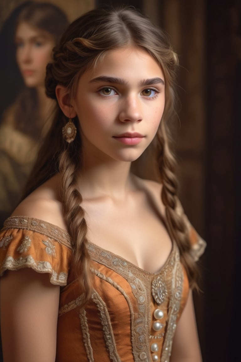  A beautiful (neanderthal) girl wearing a gorgeous dress, standing in the corner looking at the camera, 19th century American banquet style, portrait style,Looking at the camera,ulta realistic, detailed, clear focus, deep focus, mouth closed