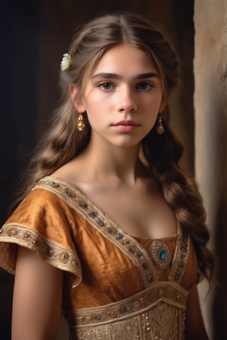  A beautiful (neanderthal) girl wearing a gorgeous dress, standing in the corner looking at the camera, 19th century American banquet style, portrait style,Looking at the camera,ulta realistic, detailed, clear focus, deep focus, mouth closed