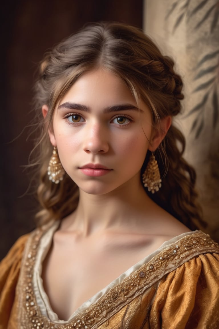  A beautiful (neanderthal) girl wearing a gorgeous dress, standing in the corner looking at the camera, 19th century American banquet style, portrait style,Looking at the camera,ulta realistic, detailed, clear focus, deep focus, mouth closed