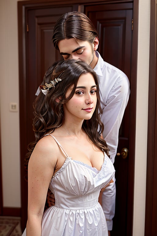  A beautiful white girl wearing a gorgeous dress, standing in the corner looking at the camera, 19th century American banquet style, portrait style,Looking at the camera,ulta realistic, detailed, clear focus, deep focus, mouth closed,inst4 style,boyfriend kissing from behind,Indian,breast grab from behind