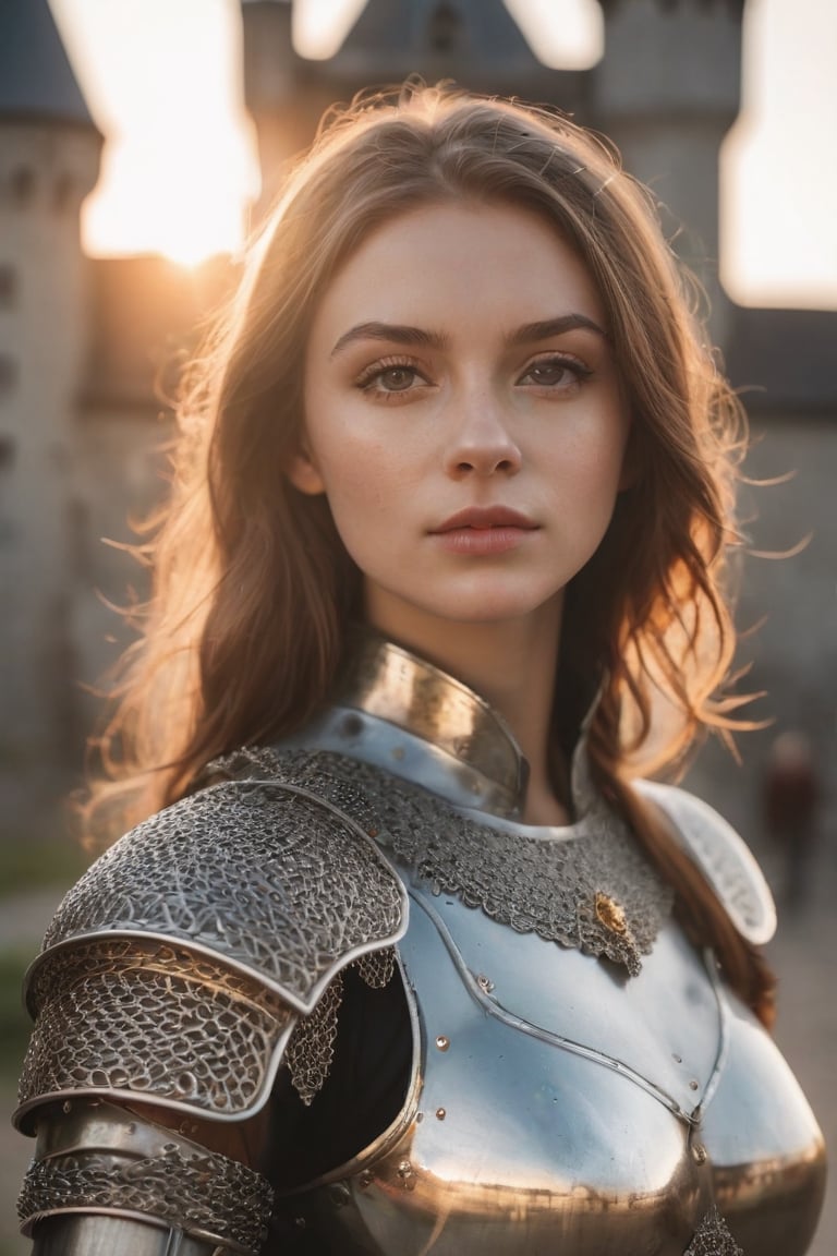 Portrait of a girl, the most beautiful in the world, (medieval armor), metal reflections, upper body,  navel exposed,outdoors, intense sunlight, far away castle, professional photograph of a stunning woman detailed, sharp focus, dramatic, award winning, cinematic lighting, volumetrics dtx, (film grain, blurry background, blurry foreground, bokeh, depth of field, sunset,interaction, Perfectchainmail), (masterpiece), (extremely intricate:1.3), (realistic),