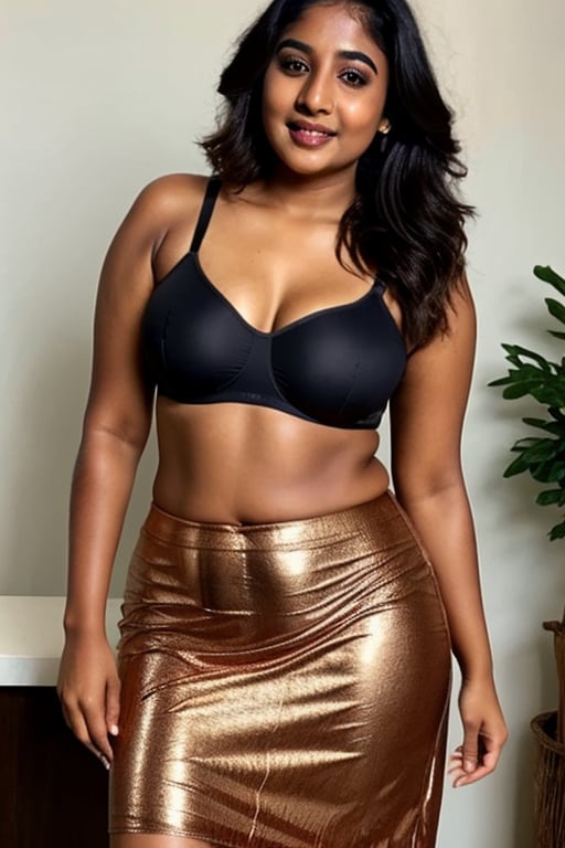 curvy wet Tamil women , thin lips ,fit body stucture , dark tanned skin tone , golden skirt, copper bra
