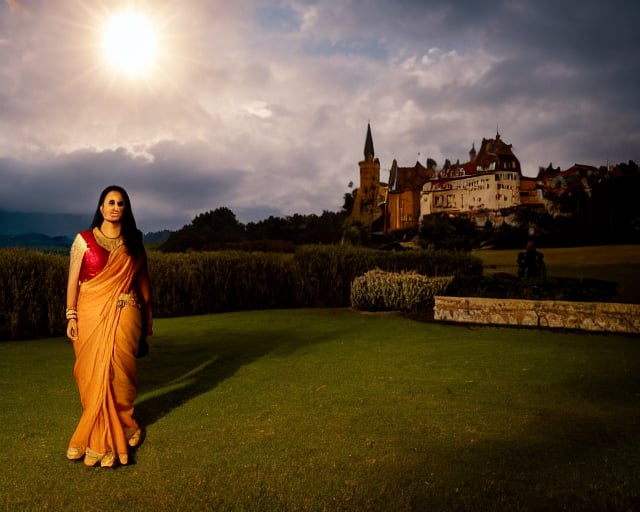  portrait of a girl, the most beautiful in the world, saree, metal reflections, whole body, outdoors, intense sunlight, far away castle, professional photograph of a stunning woman detailed, sharp focus, dramatic, award winning, cinematic lighting, octane render