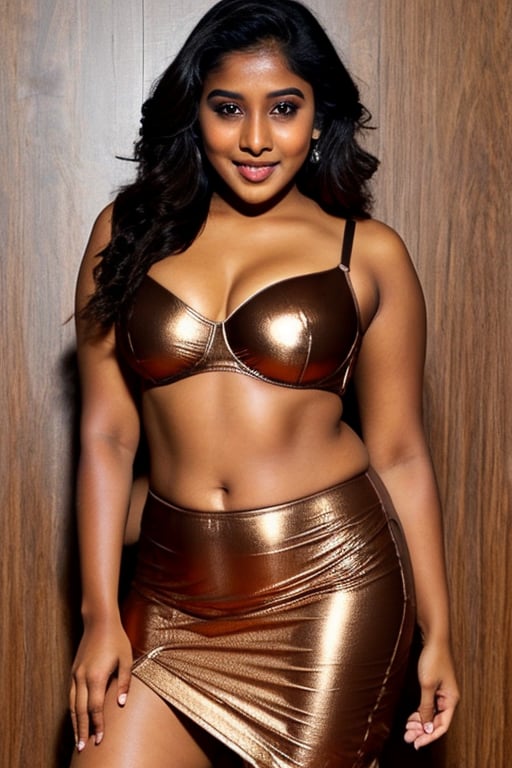 curvy wet Tamil women , thin lips ,fit body stucture , dark tanned skin tone , golden skirt, copper bra
