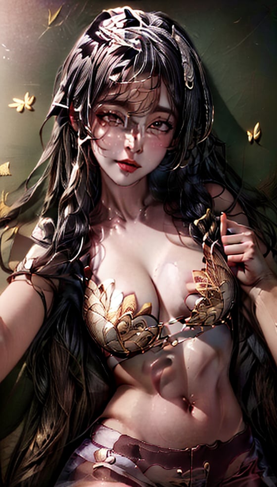 8k portrait of beautiful princess with long wavy golden blond hair, intricate, elegant, highly detailed, majestic, digital photography, art by artgerm and ruan jia and greg rutkowski surreal painting gold butterfly filigree, broken glass, (masterpiece, sidelighting, finely detailed beautiful eyes: 1.2), hdr, extremely large breasts, extremely pale white skin,  deep cleavage, tiara, close up,Indian,Btflindngds