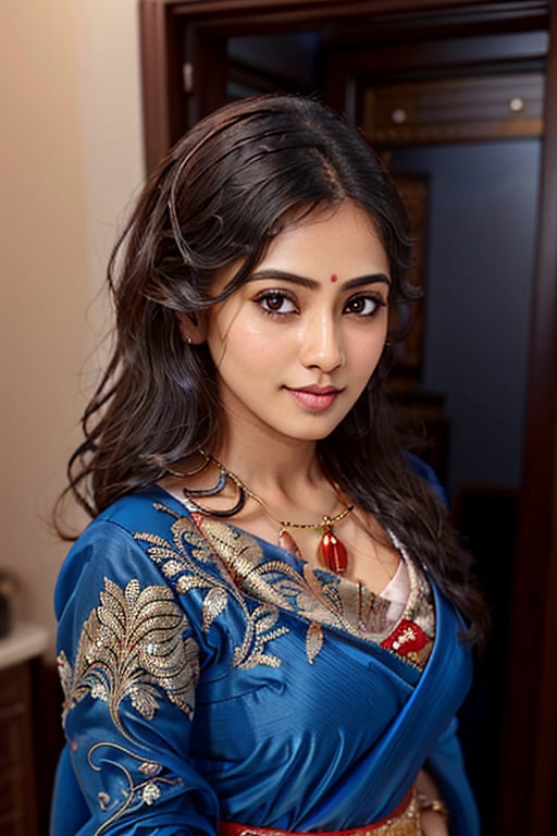  A beautiful  girl wearing a saree, standing in the corner looking at the camera, 19th century American banquet style, deep cleavage,Looking at the camera,ulta realistic, detailed, clear focus, deep focus, mouth closed,inst4 style,boyfriend kissing neck from behind ,breast grab from behind