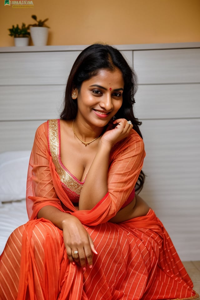 kerala lady, light smile, shirt with collars, waist up, dramatic lighting, from below,35 year old, detailed face,  small breasts, saree, deep cleavage, navel, clear face, front view, long shot