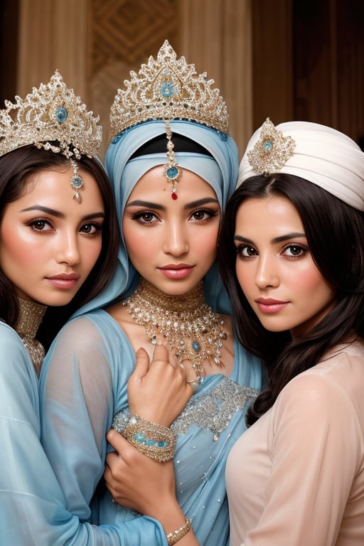 photgraph, arabian princess with 35 year old sisters, clear face, detailed eyes, long shot