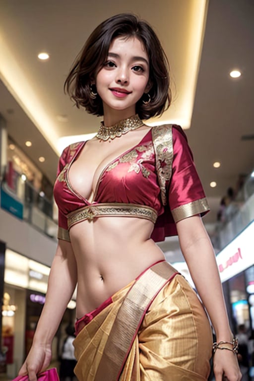 1girl, light smile, shirt with collars, waist up, mood lighting, from below,35 year old, detailed face,  larger breasts, saree, deep cleavage, navel, clear face, front view, long shot, wide angle, crowded shopping mall