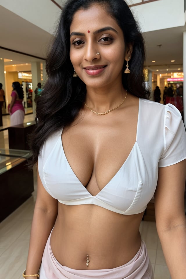 kerala lady, light smile, shirt with collars, waist up, dramatic lighting, from below,35 year old, detailed face, close shot, large breasts, saree, deep cleavage, navel,six pack abs, clear face, front view, long shot, wide angle, crowded shopping mall