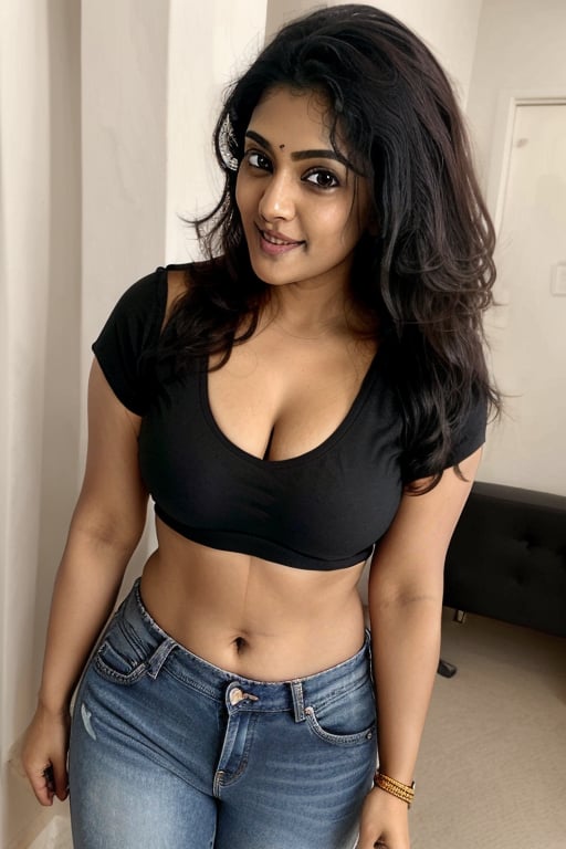 36 years old curvy Tamil women , thin  lips ,fit body stucture , thin face, cleavage,exposed_navel , t-shirt and jeans, long dense black hair,smiling face,boyfriend groping breasts from behind
