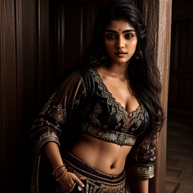 A Detailed illustration of ethereal fair Indian girl whose 23 years old, sharp features, fair skin, wearing patiala suit and salwar, wearing bangles,cleavage, wet navel, perfect body, perfect face, brown eyes, long beautiful hair, Canon EOS Rebel T7 / Canon EOS 250D, head to waist wide angle shoot, realistic, ultrarealistic, humanrealistic, photorealistic, 100K UHD, wearing black simple plain beautiful patiala suit, kurta and salwar,Indian,4nya,Btflindngds,brown eyes