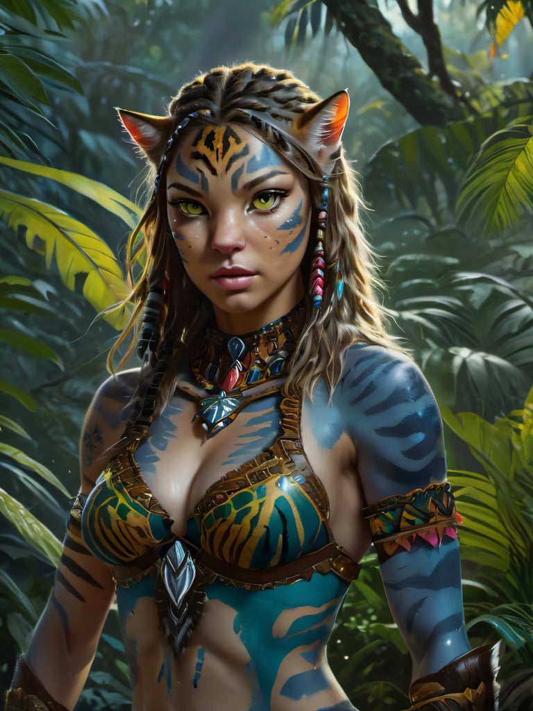 
((cinematic light)), hyper detail, dramatic light, intricate details,  (female (WildCat:1.2) warrior:1.2) standing on the edge of the jungle, tribal style, epic,   hyperdetailed intricately detailed, fantasy, unreal engine, fantastical, intricate detail, splash screen, complementary colors, fantasy concept art, 16k resolution, deviantart masterpiece, oil painting, heavy strokes, paint dripping highly detailed, hyper realistic, perfect artwork, masterpiece, best quality,  