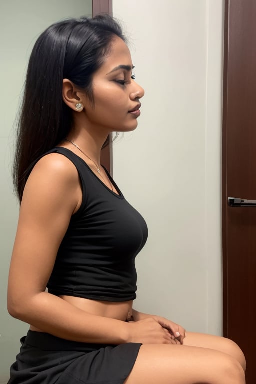 kerala lady, black t-shirt without collars, partial waist visible from side, detailed face, sitting pose, bending backwards, black skirt, small breasts,  hidden navel, clear face, side view, long shot