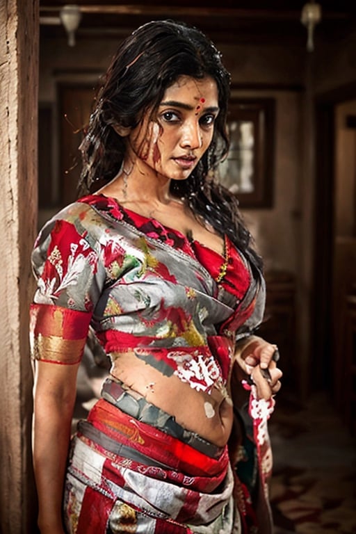 ,wet curvy indian woman, exhausted after having sex , red and brown lingerie,majestic view sitting on a throne |cleavage, large breasts, navel,  ((dancing sexually:0.5)),  (from_side:1.3),  red round-neck cotton blouse,  ((Slips her grey cotton saree)) to show cleavage,  sensual cleavage,  ((Smooth skin:0.5)),  beautiful (small waist,  wide hips:0.5),  sweaty body,  in hut sorounded by jungle,  (detailed face:1)