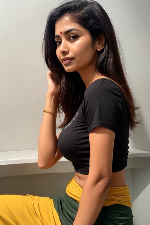 kerala lady, black t-shirt without collars, partial waist visible from side, detailed face, sitting pose, black skirt, small breasts,  hidden navel, clear face, side view, long shot