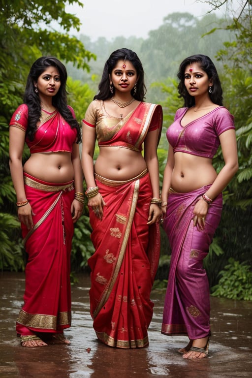 Group of tamil 35 year old females, hot women, forest, rain, detailed face, perfect eyes, navel, cleavage, full body, front view