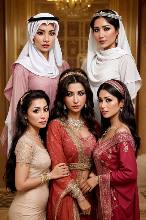 photgraph, hot arabian princess with 35 year old sisters, clear face, detailed eyes, long shot, full view