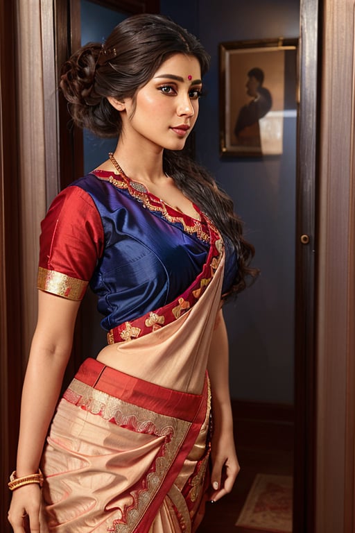  A beautiful  girl wearing a saree, standing in the corner looking at the camera, 19th century American banquet style, deep cleavage,Looking at the camera,ulta realistic, detailed, clear focus, deep focus, mouth closed,inst4 style,boyfriend kissing neck from behind 