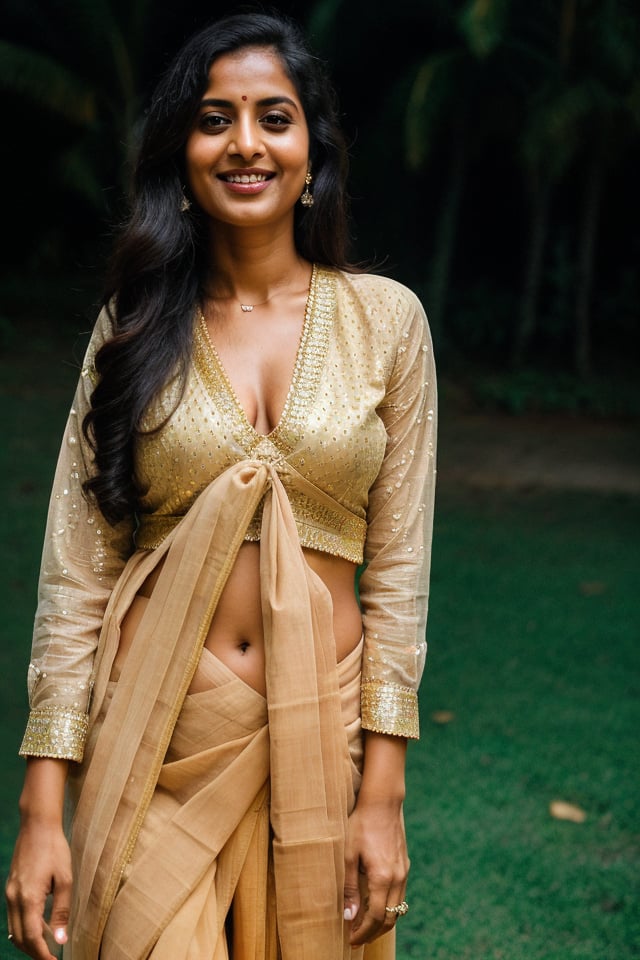 kerala lady, light smile, shirt with collars, waist up, dramatic lighting, from below,35 year old, detailed face,  small breasts, saree, deep cleavage, navel, clear face, front view, long shot