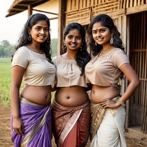 3girls, realistic photograph of three young rustic Tamil village belle dressed in an ((unhooked blouse and Indian skirt)) standing inside a farm in rural India, fair skin, curvy and toned body, tall, big boobs, hourglass figure, big ass, seductive, detailed cute face, full lips, smiling, studio lighting , hyper realistic , 
,ketikashrma