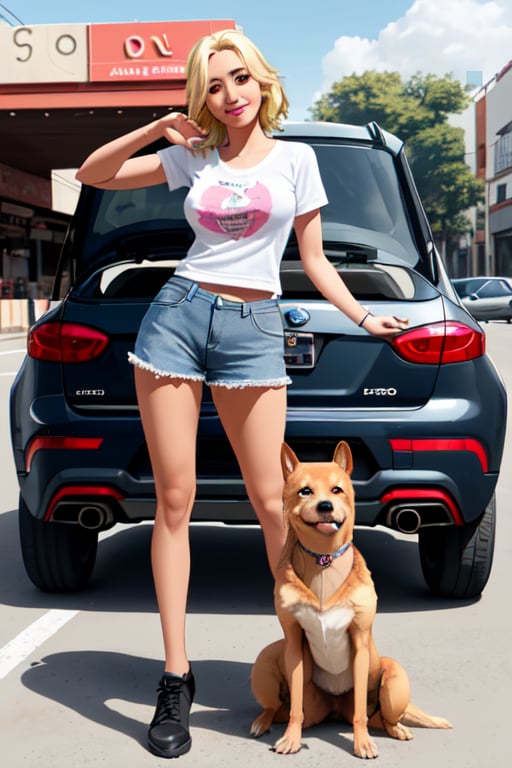 chica posando a lado de un auto con un perro grande