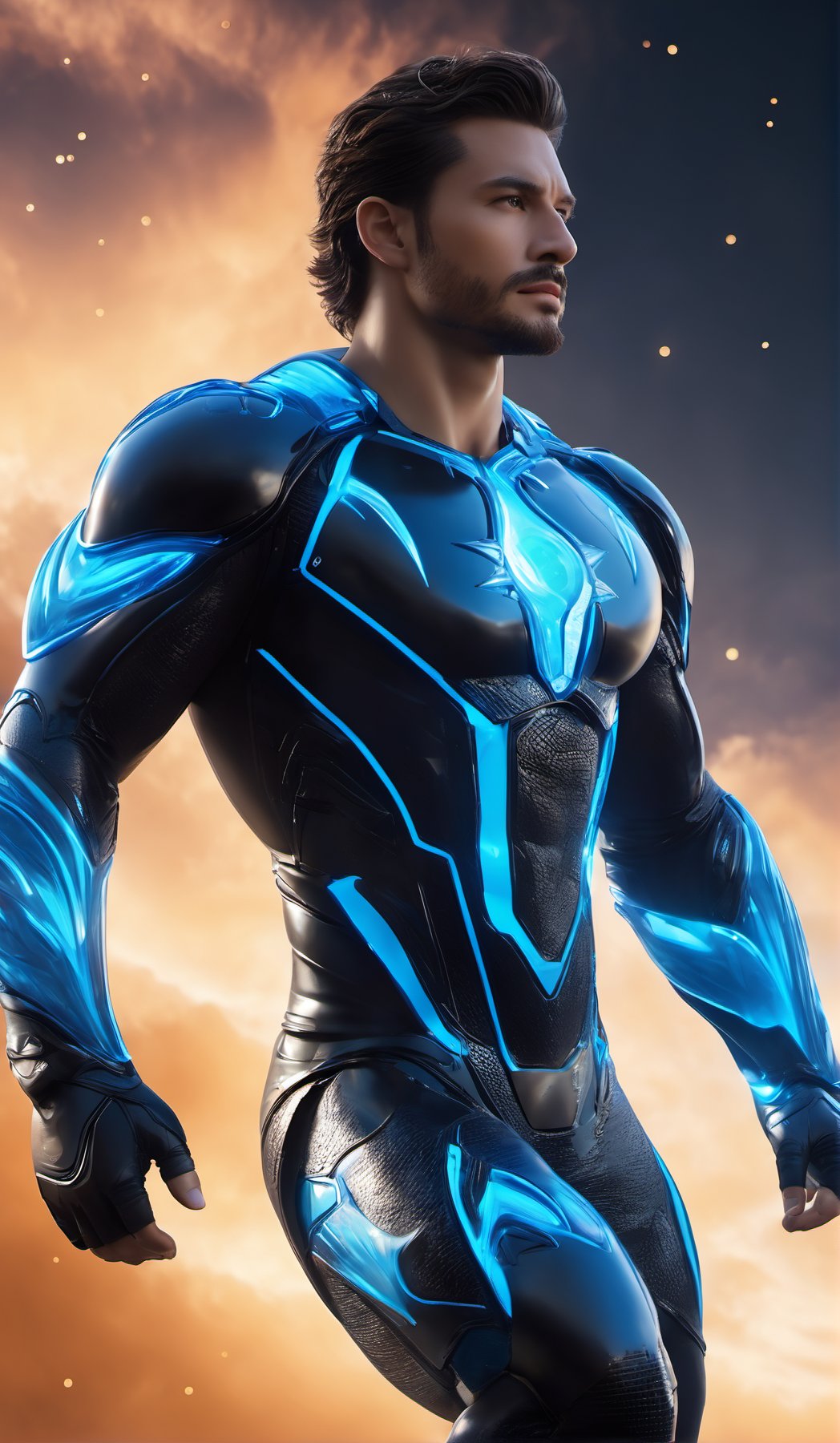 Realistic Photography of handsome men. Son of the earth. sky prince (((Running))). mantel,. Energy glowing behind the man. the prince has a perfectly detailed, realistic face,. Float: 1.5, luminous energy force field. (fit body). Frozen sapphire body, nature, subsurface scattering, translucent skin, glow_in_the_dark, (dark:1.4), Bioluminescent black and transparent liquid, Leonardo Style, warm color, bright, volume light, photo realistic fantasy art character amazing, (full body:1.4), octane display, intricately detailed, trending on art station, Hyperrealistic, hand painted, sandy, high definition, neoprene, behance contest winner, ultra high definition, 8k, unreal engine 5 , ultra sharp focus, intricate artwork, epic , vibrant, ((depth of field:1.5)), Movie Still, Film Still, Cinematic, dfdd,