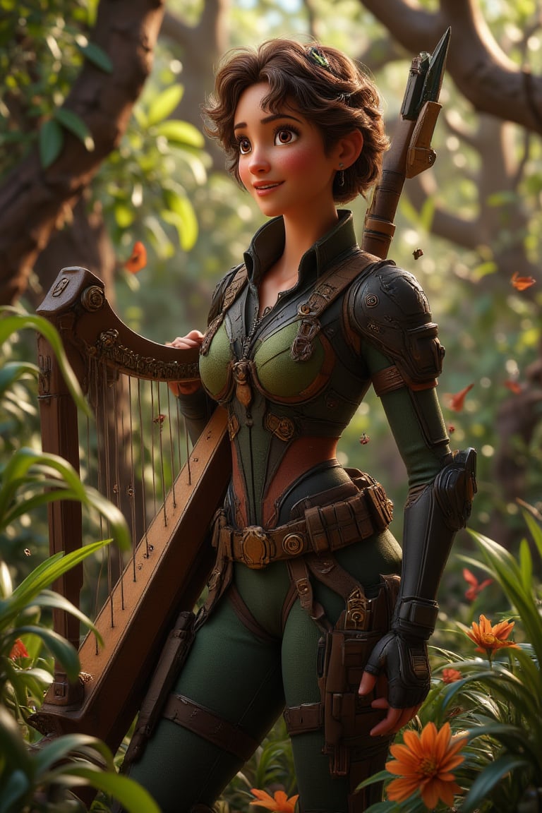 A forest nymph playing a harp, with music notes visibly floating in the air around her.,cartoon art, F-GVA Armour Suit