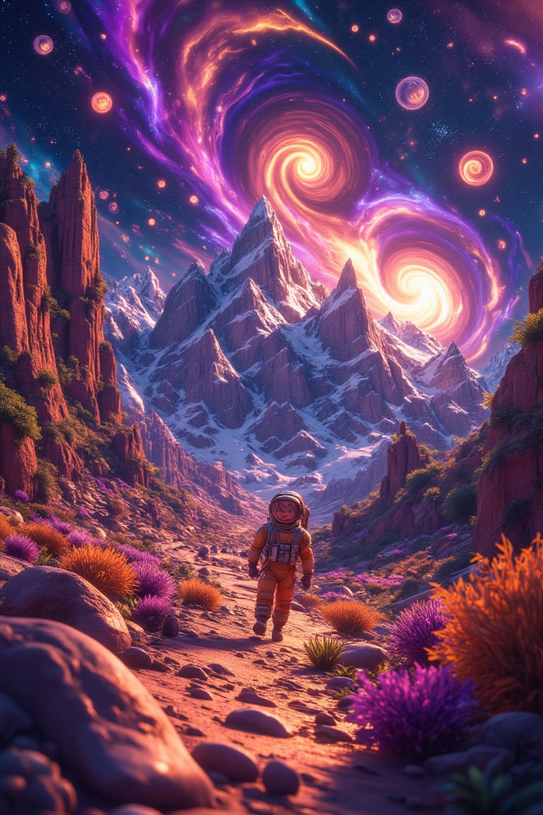 A lone astronaut exploring the surface of an alien planet, towering mountains in the distance under a swirling, colorful nebula-lit sky.