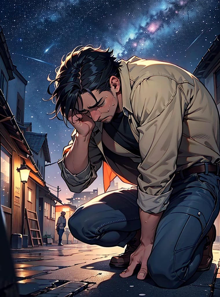 In a city at night, ((a hansome man kneel while crying with one hand reaching forward)), heart broken, eren yeager, ((starry sky background)), detailed face, perfect face,