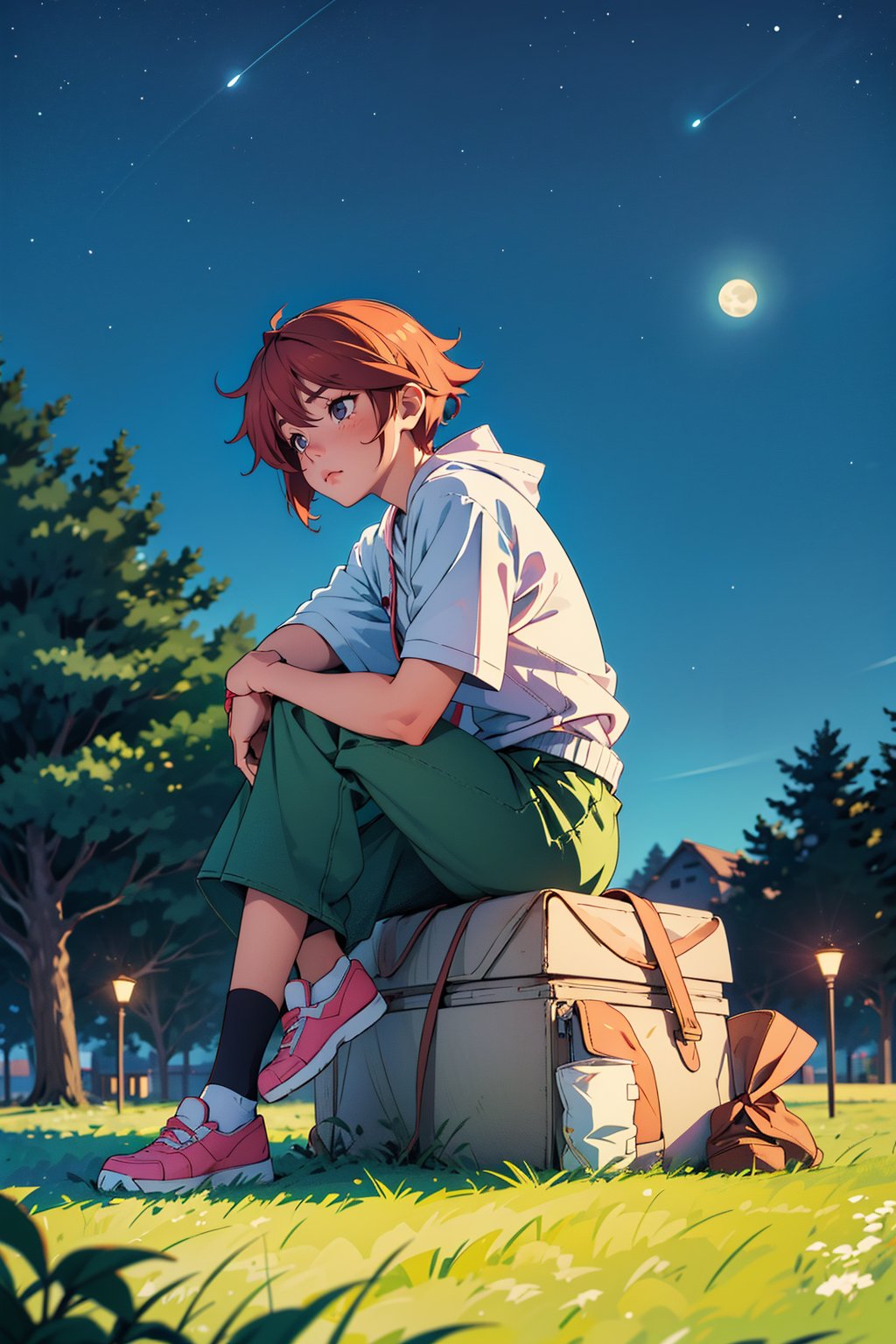 ((best quality)), ((illustration)), character Izumi Miyamura from anime Hori-san to Miyamura-kun, sad_face, sitting_on_ground, leaning against a tree, night_sky, fullmoon,