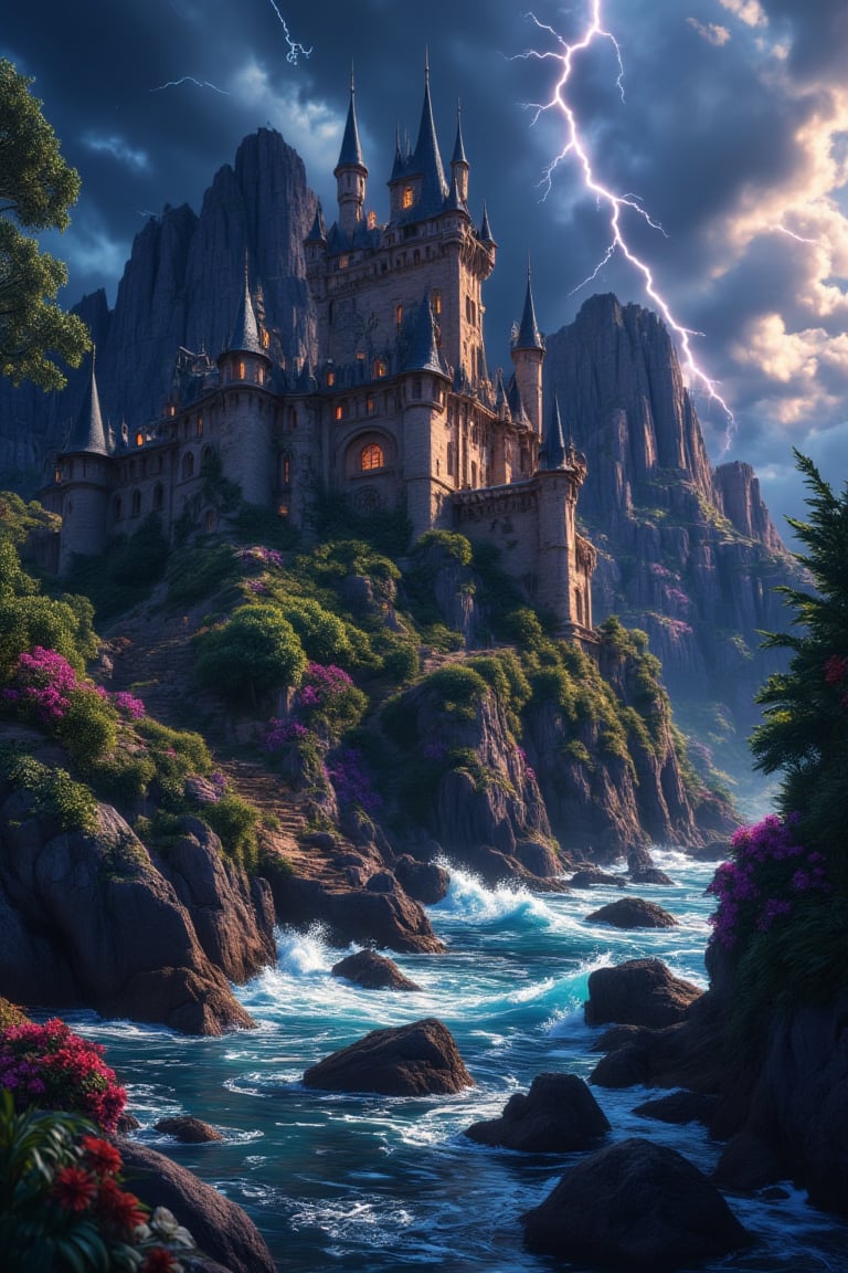 An ancient castle perched on a rocky cliff, overlooking a stormy ocean, with crashing waves and lightning illuminating the scene in a dark, atmospheric setting.