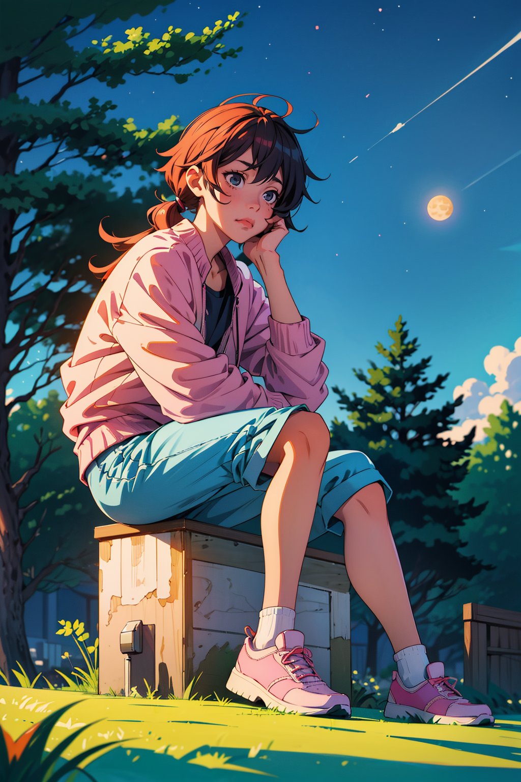 ((best quality)), ((illustration)), character Izumi Miyamura from anime Hori-san to Miyamura-kun, sad_face, sitting_on_ground, leaning against a tree, night_sky, fullmoon,