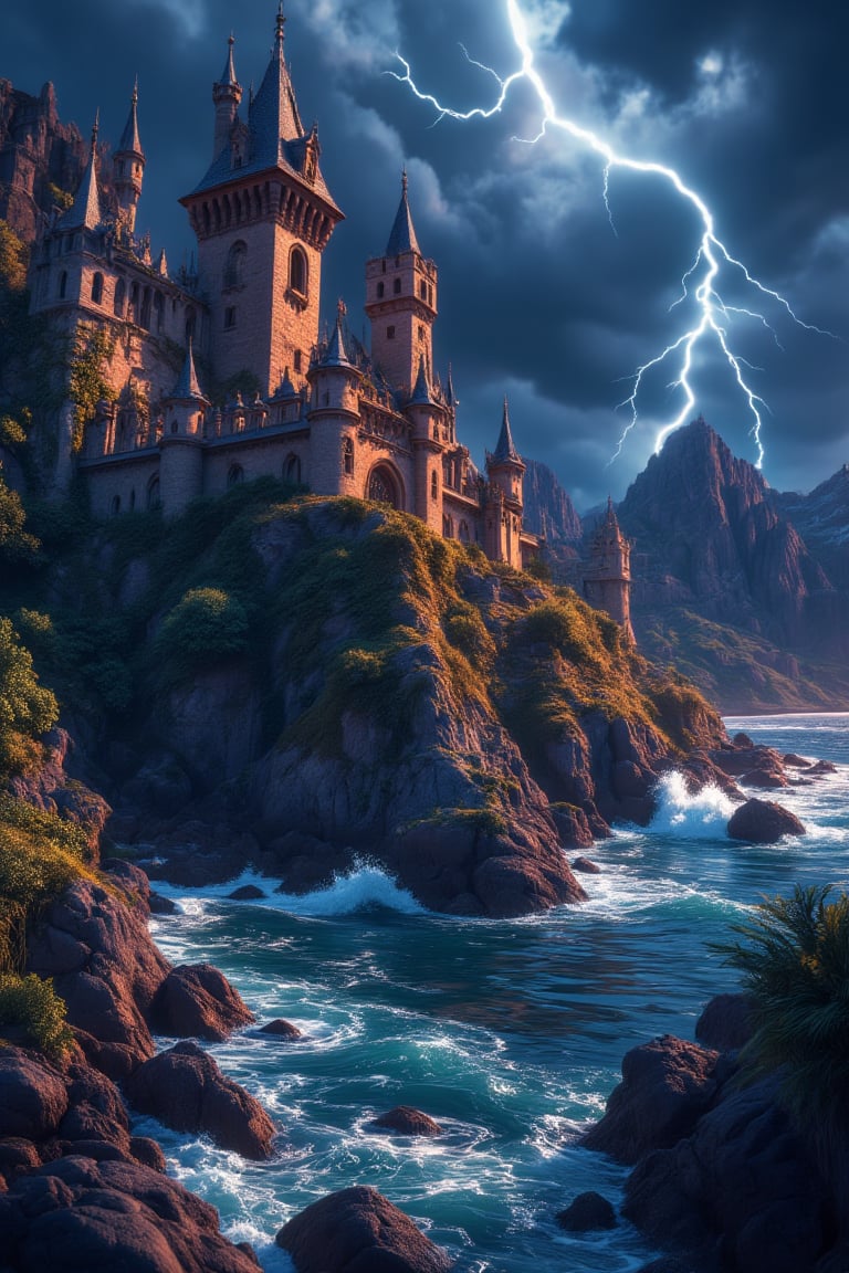 An ancient castle perched on a rocky cliff, overlooking a stormy ocean, with crashing waves and lightning illuminating the scene in a dark, atmospheric setting.