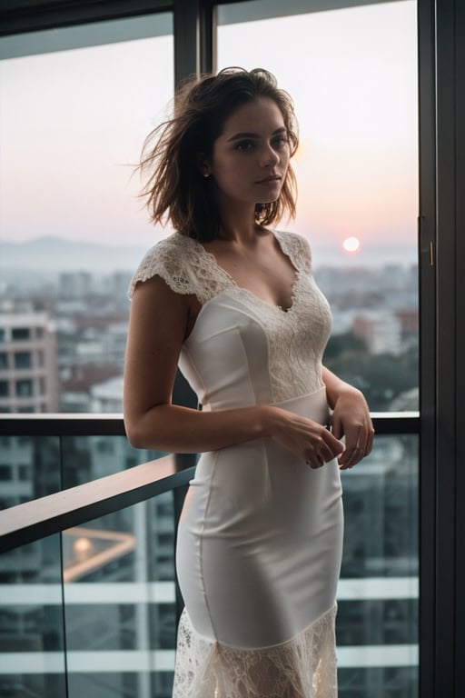 (masterpiece, RAW photo), portrait photo of a trendy beautiful girl standing next to a high rise window, short wavy hair, beautiful white evening dress, lace, intricate, , 50mm, f/1. 4, high detail, sharp focus, cowboy shot, rim light, sunset, 8K UHD